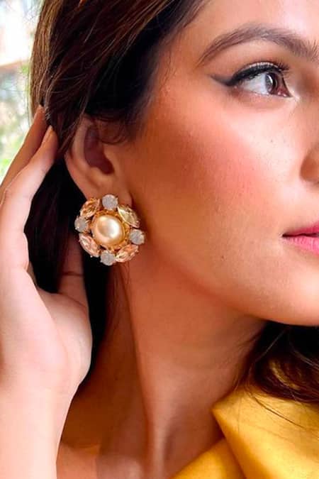 Buy Gold Plated Swarovski Pearl Sangria Stud Earrings by Bblingg Online at  Aza Fashions.
