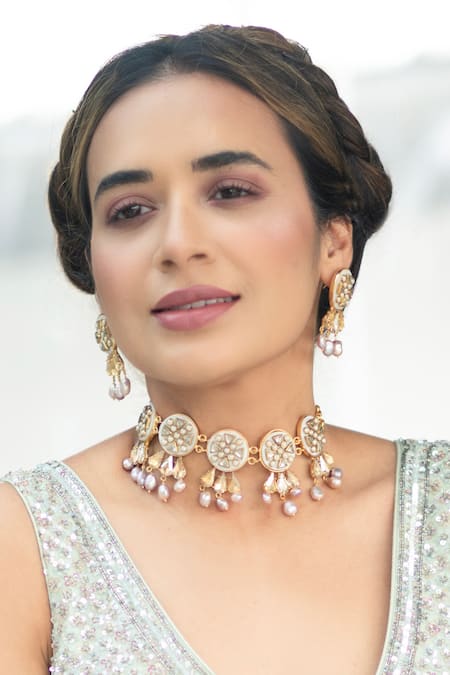 Bblingg Gold Plated Pearls, Crystals, Smocking Ruheen Choker Set 