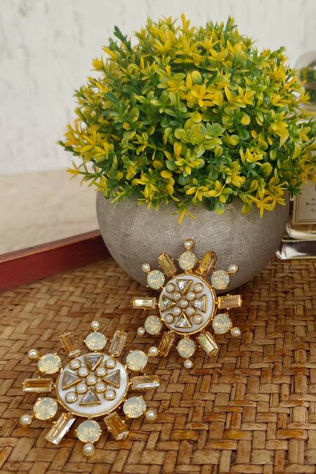 Shop Bblingg Gold Plated Crystals, Smocking Rubaina Kundan Stud Earrings at Aza Fashions Shop_Bblingg_Gold Plated Crystals, Smocking Rubaina Kundan Stud Earrings _at_Aza_Fashions