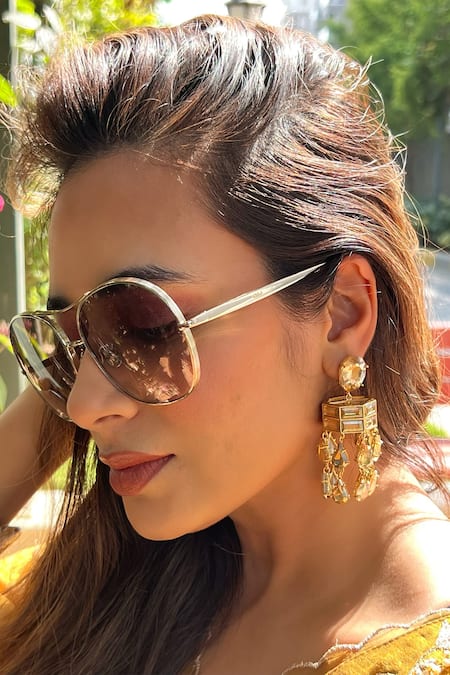 Bblingg_Gold Plated Crystals Chandelier Drop Earrings _at_Aza_Fashions
