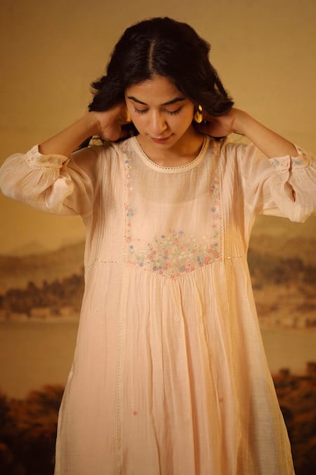 Shop_Tatwa_Ivory Handloom Cotton, Viscose, Silk Embroidery Round Lovebird Kurta And Pant Set _Online_at_Aza_Fashions
