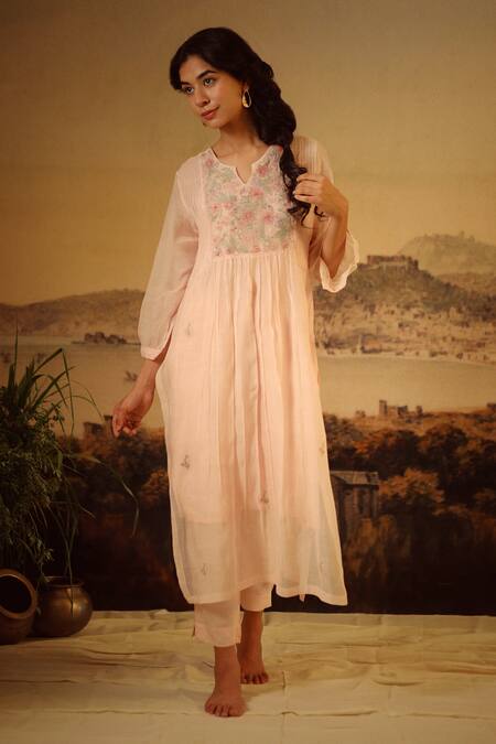 Buy_Tatwa_Ivory Handloom Cotton, Viscose, Silk Sequins, Vineyard Pintuck Kurta And Pant Set _Online_at_Aza_Fashions