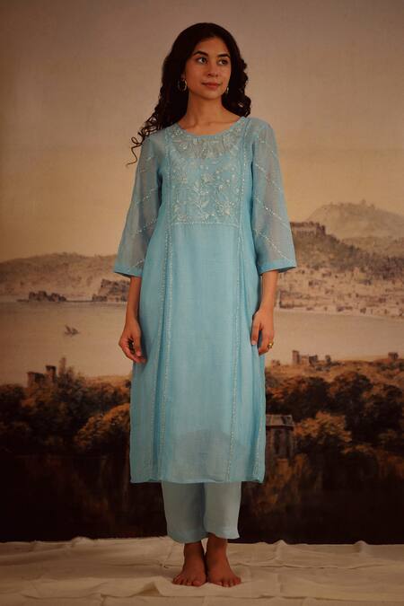 Tatwa_Blue Handloom Cotton, Viscose, Silk Sequins, Jodhpur Tonal Kurta And Pant Set _Online_at_Aza_Fashions