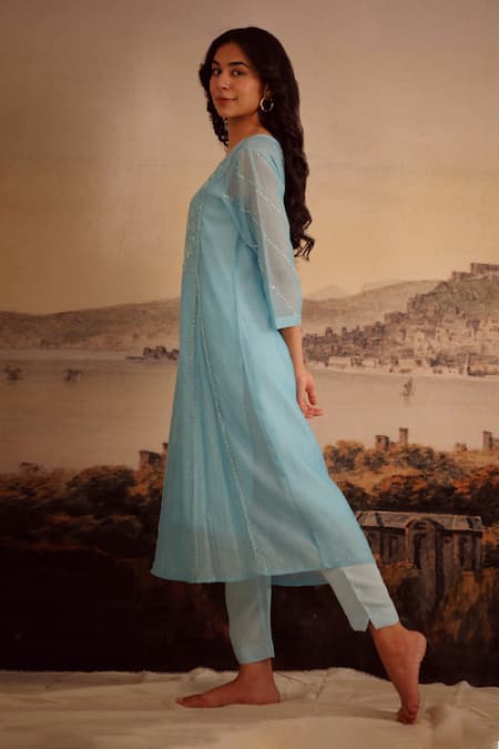 Buy_Tatwa_Blue Handloom Cotton, Viscose, Silk Sequins, Jodhpur Tonal Kurta And Pant Set _Online_at_Aza_Fashions