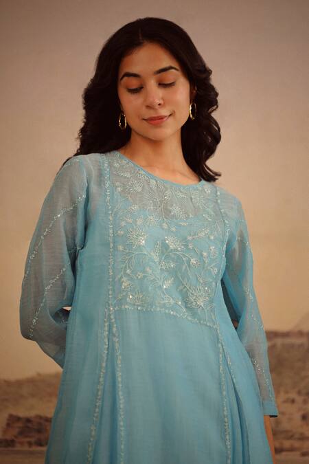 Shop_Tatwa_Blue Handloom Cotton, Viscose, Silk Sequins, Jodhpur Tonal Kurta And Pant Set _Online_at_Aza_Fashions