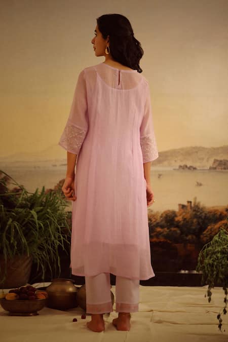 Shop_Tatwa_Purple Kurta Handloom Chanderi Embroidery Resham Round Cross Butti And Pant Set _at_Aza_Fashions