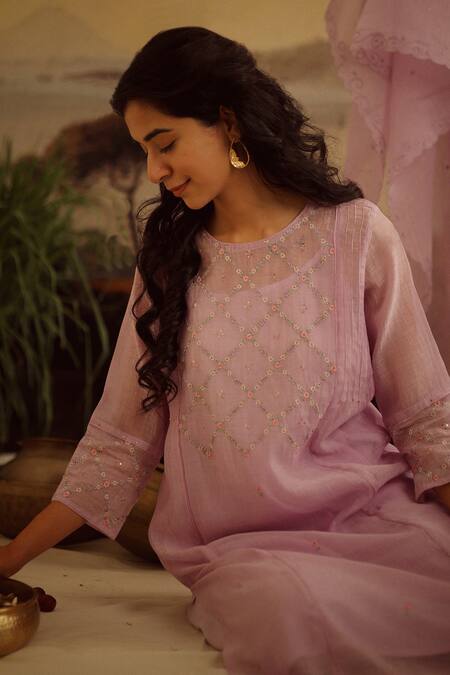 Shop_Tatwa_Purple Kurta Handloom Chanderi Embroidery Resham Round Cross Butti And Pant Set _Online_at_Aza_Fashions