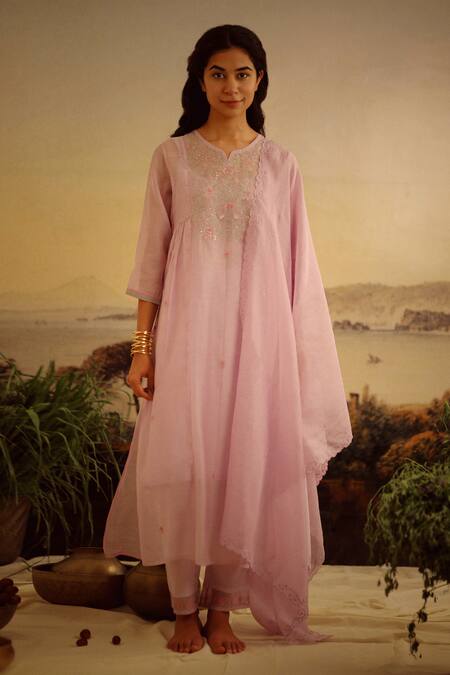 Tatwa_Purple Handloom Cotton, Viscose, Silk Floral Jaal Yoke Kurta And Pant Set _Online_at_Aza_Fashions