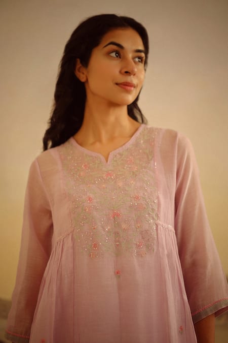 Shop_Tatwa_Purple Handloom Cotton, Viscose, Silk Floral Jaal Yoke Kurta And Pant Set _Online_at_Aza_Fashions