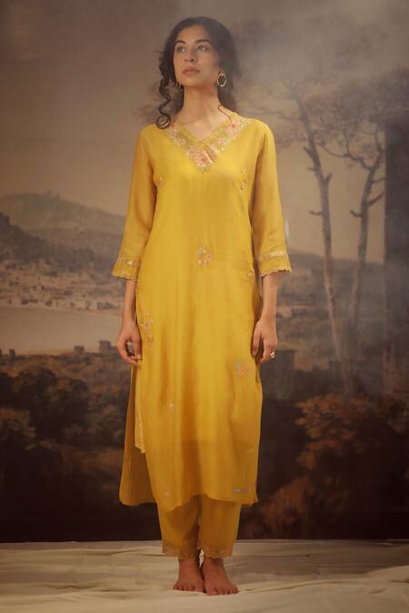 Tatwa_Yellow Handloom Cotton, Viscose, Silk Embroidery Rangoon Bail Kurta And Pant Set _Online_at_Aza_Fashions