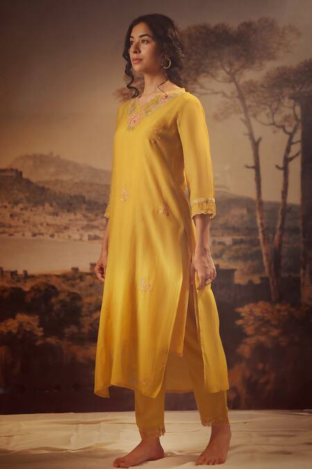 Tatwa_Yellow Handloom Cotton, Viscose, Silk Embroidery Rangoon Bail Kurta And Pant Set _at_Aza_Fashions