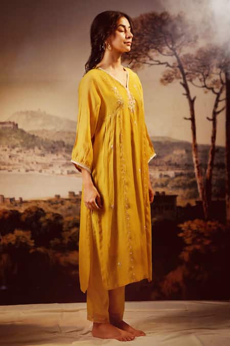 Tatwa_Yellow Handloom Cotton, Viscose Embroidery V-neck Juhi Yoke Kurta And Pant Set _Online_at_Aza_Fashions