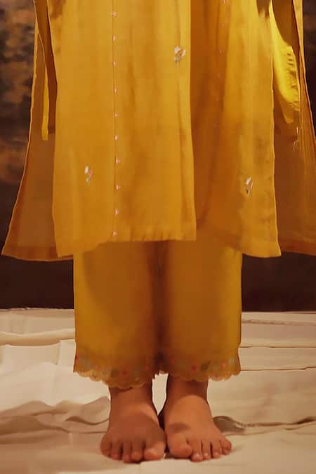 Shop Tatwa Yellow Handloom Cotton, Viscose Embroidery V-neck Juhi Yoke Kurta And Pant Set Online at Aza Fashions Shop_Tatwa_Yellow Handloom Cotton, Viscose Embroidery V-neck Juhi Yoke Kurta And Pant Set _Online_at_Aza_Fashions