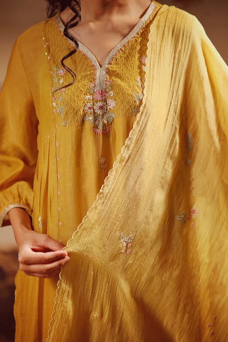 Tatwa_Yellow Handloom Cotton, Viscose Embroidery V-neck Juhi Yoke Kurta And Pant Set _at_Aza_Fashions