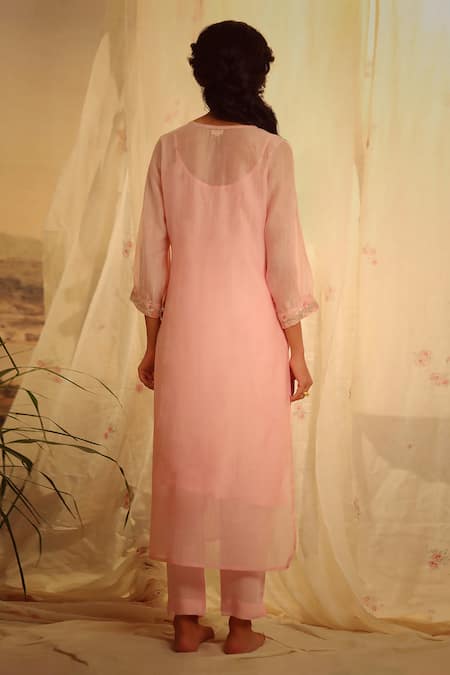 Shop_Tatwa_Pink Handloom Cotton, Viscose, Silk Camelia Floral Yoke Kurta And Pant Set _at_Aza_Fashions