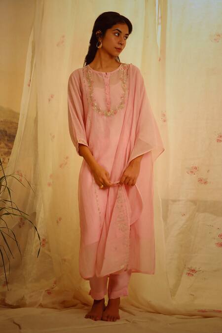 Buy_Tatwa_Pink Handloom Cotton, Viscose, Silk Camelia Floral Yoke Kurta And Pant Set _Online_at_Aza_Fashions