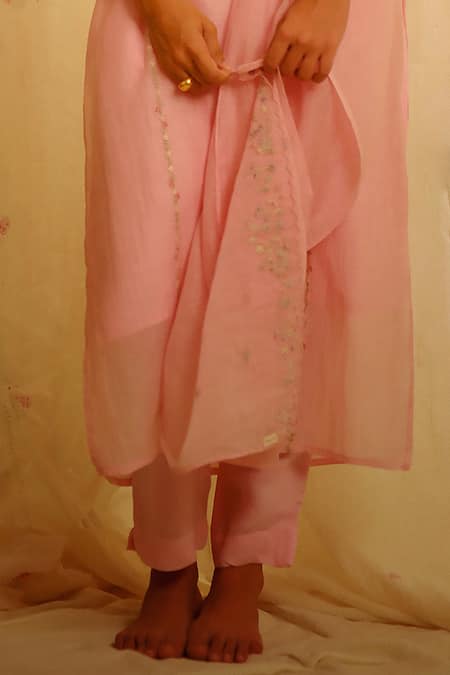 Shop Tatwa Pink Handloom Cotton, Viscose, Silk Camelia Floral Yoke Kurta And Pant Set Online at Aza Fashions Shop_Tatwa_Pink Handloom Cotton, Viscose, Silk Camelia Floral Yoke Kurta And Pant Set _Online_at_Aza_Fashions