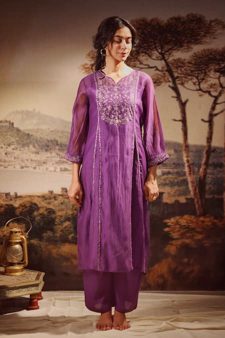 Tatwa_Purple Handloom Cotton, Viscose, Silk Sequins, Midnight Yoke Kurta And Pant Set _Online_at_Aza_Fashions