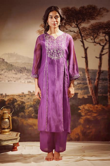 Shop_Tatwa_Purple Handloom Cotton, Viscose, Silk Sequins, Midnight Yoke Kurta And Pant Set _Online_at_Aza_Fashions