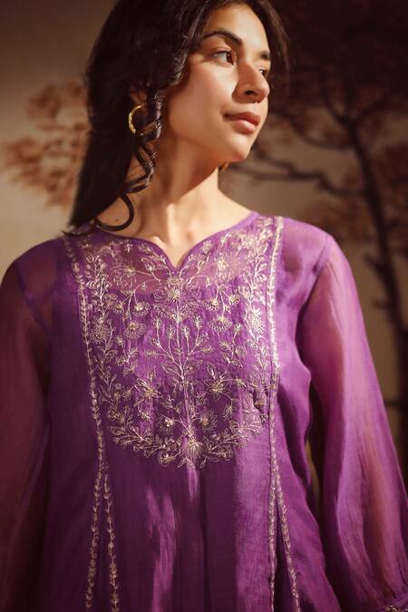 Tatwa_Purple Handloom Cotton, Viscose, Silk Sequins, Midnight Yoke Kurta And Pant Set _at_Aza_Fashions