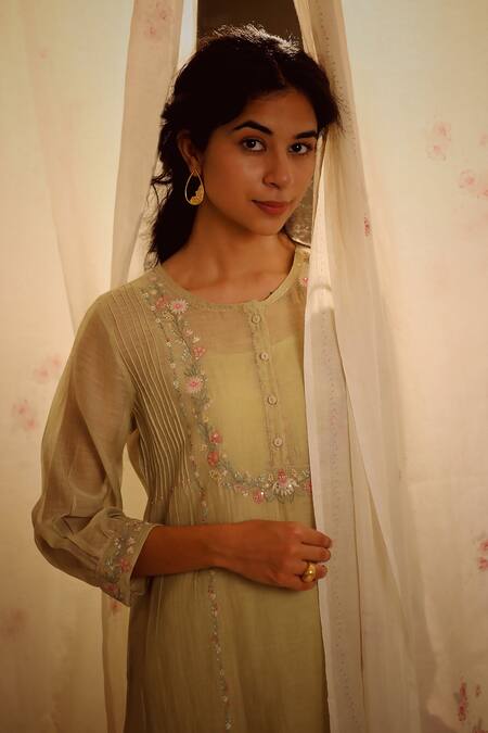 Buy_Tatwa_Green Handloom Cotton, Viscose, Silk Camelia Flower Yoke Kurta And Pant Set _Online_at_Aza_Fashions