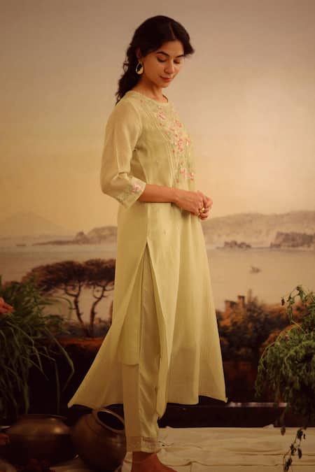 Buy_Tatwa_Green Handloom Cotton, Viscose, Silk Embroidery, Zari, Sequins Rose Kurta Set _Online_at_Aza_Fashions