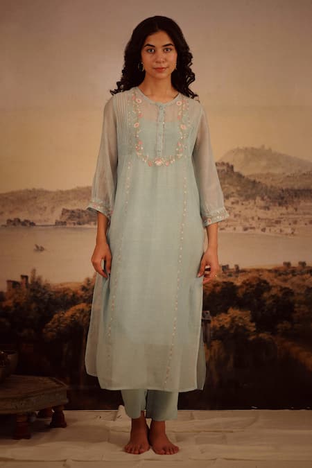 Tatwa_Green Handloom Cotton, Viscose, Silk Embroidery Camelia Yoke Kurta And Pant Set _Online_at_Aza_Fashions