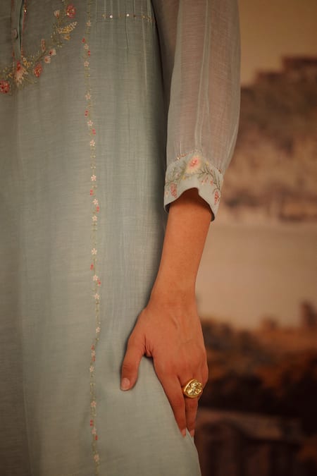 Tatwa_Green Handloom Cotton, Viscose, Silk Embroidery Camelia Yoke Kurta And Pant Set _at_Aza_Fashions