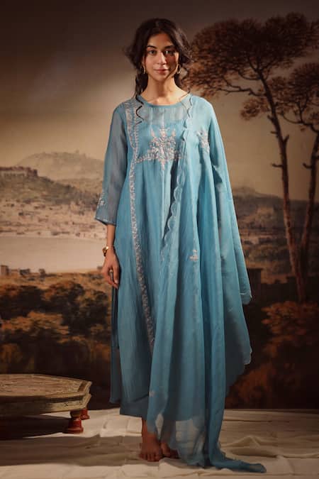 Shop_Tatwa_Blue Handloom Cotton, Viscose, Silk Midnight Floral Yoke Kurta And Pant Set _Online_at_Aza_Fashions