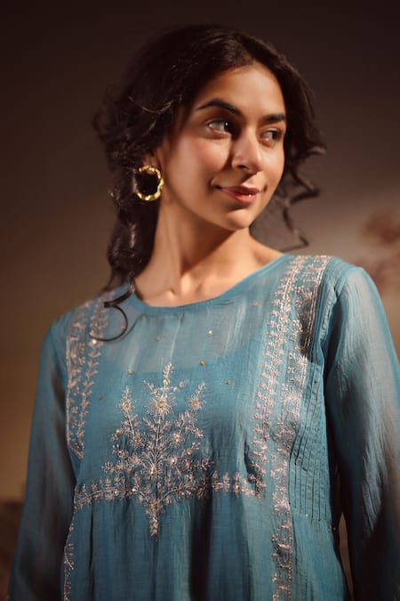 Tatwa_Blue Handloom Cotton, Viscose, Silk Midnight Floral Yoke Kurta And Pant Set _at_Aza_Fashions