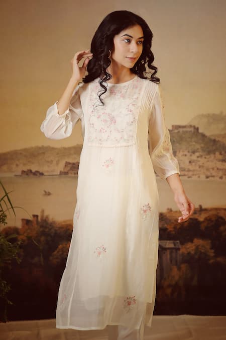 Tatwa_White Handloom Cotton, Viscose, Silk Embroidery Victorian Resham Kurta Pant Set _Online_at_Aza_Fashions