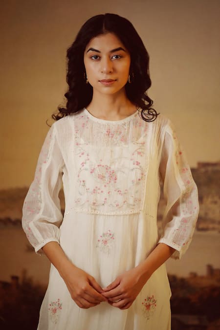 Buy_Tatwa_White Handloom Cotton, Viscose, Silk Embroidery Victorian Resham Kurta Pant Set _Online_at_Aza_Fashions