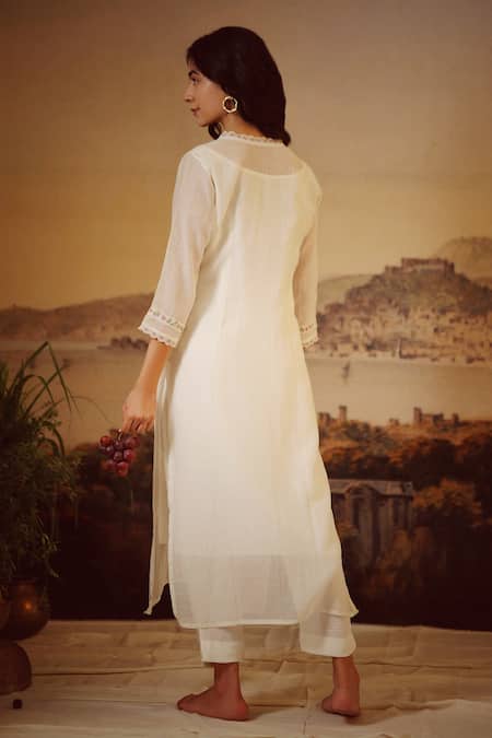Shop_Tatwa_White Handloom Cotton, Viscose Rangoon Bail Neckline Kurta And Pant Set _at_Aza_Fashions
