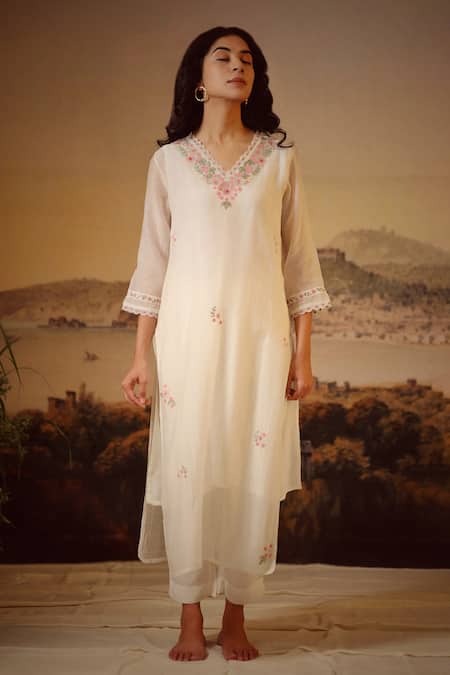 Tatwa_White Handloom Cotton, Viscose Rangoon Bail Neckline Kurta And Pant Set _Online_at_Aza_Fashions