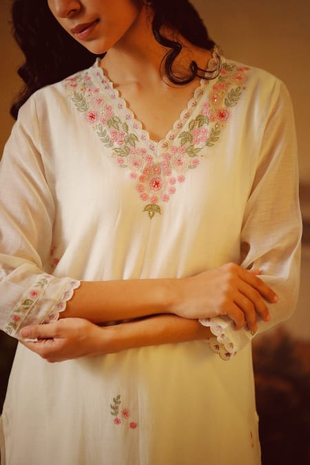 Shop_Tatwa_White Handloom Cotton, Viscose Rangoon Bail Neckline Kurta And Pant Set _Online_at_Aza_Fashions