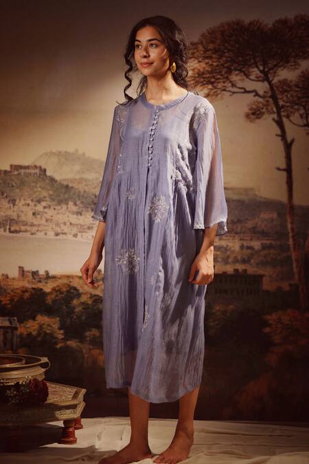 Tatwa_Blue Chanderi, Handloom Cotton Embroidery, Sequins Round Neck Dress _Online_at_Aza_Fashions