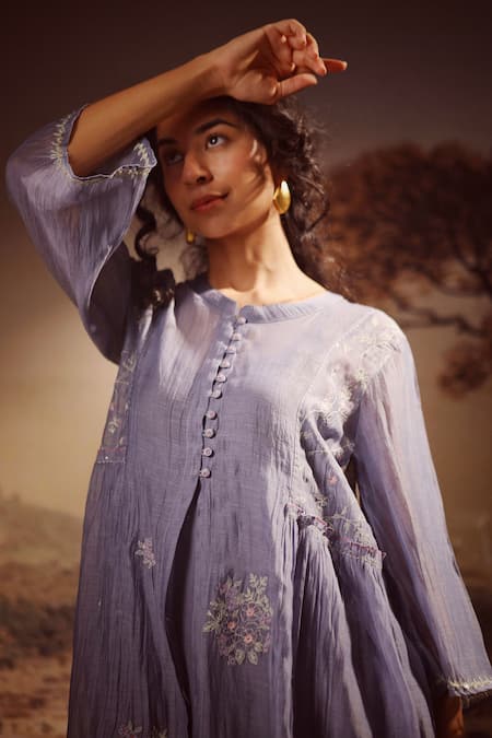 Shop_Tatwa_Blue Chanderi, Handloom Cotton Embroidery, Sequins Round Neck Dress _Online_at_Aza_Fashions