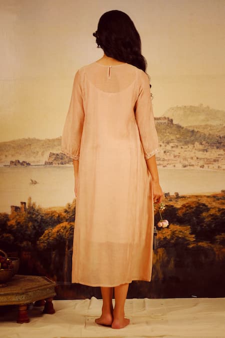 Shop_Tatwa_Brown Chanderi Sequins, Embroidery Round Neck Handloom Kurta _at_Aza_Fashions