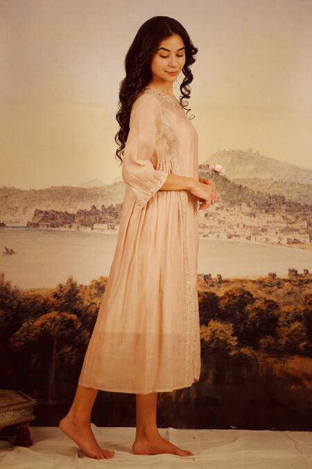 Shop_Tatwa_Brown Chanderi Sequins, Embroidery Round Neck Handloom Kurta _Online_at_Aza_Fashions