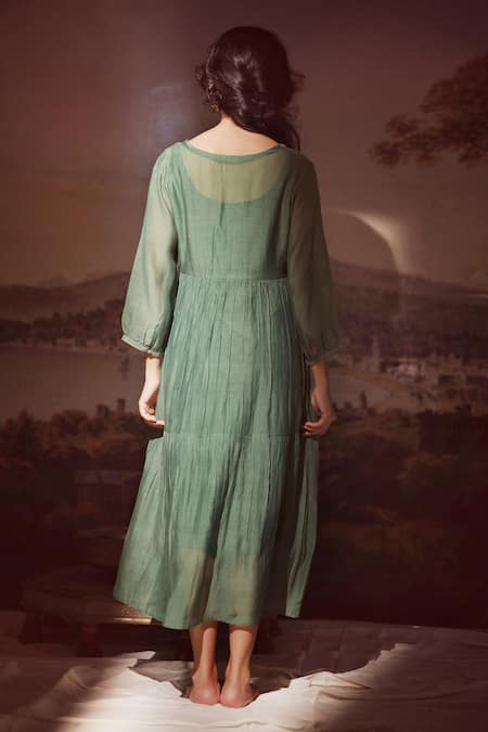 Shop_Tatwa_Green Chanderi Embroidery V-neck Handloom Dress _at_Aza_Fashions