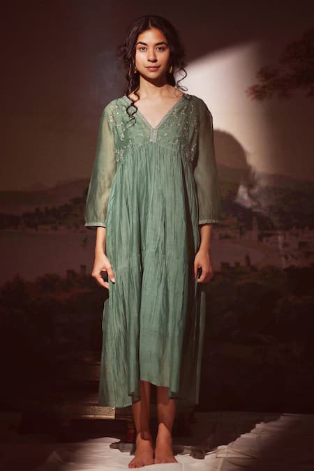Tatwa_Green Chanderi Embroidery V-neck Handloom Dress _Online_at_Aza_Fashions