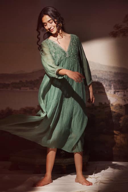 Shop_Tatwa_Green Chanderi Embroidery V-neck Handloom Dress _Online_at_Aza_Fashions