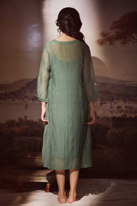 Shop_Tatwa_Green Chanderi Embroidery Split V-neck Handloom Dress _at_Aza_Fashions