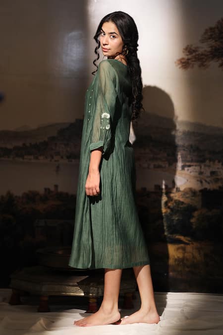 Buy_Tatwa_Green Chanderi Embroidery Split V-neck Handloom Dress _Online_at_Aza_Fashions