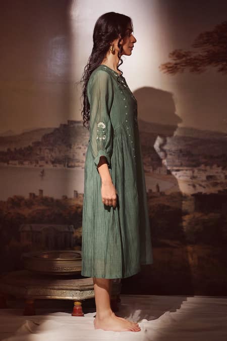 Shop_Tatwa_Green Chanderi Embroidery Split V-neck Handloom Dress _Online_at_Aza_Fashions