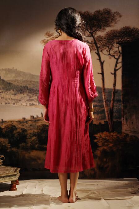 Shop_Tatwa_Pink Chanderi Embroidery Split V-neck Handloom Dress _at_Aza_Fashions