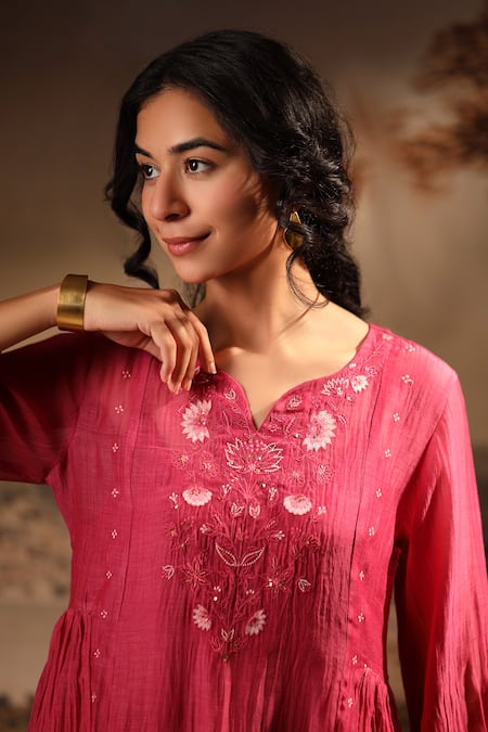 Tatwa_Pink Chanderi Embroidery Split V-neck Handloom Dress _Online_at_Aza_Fashions