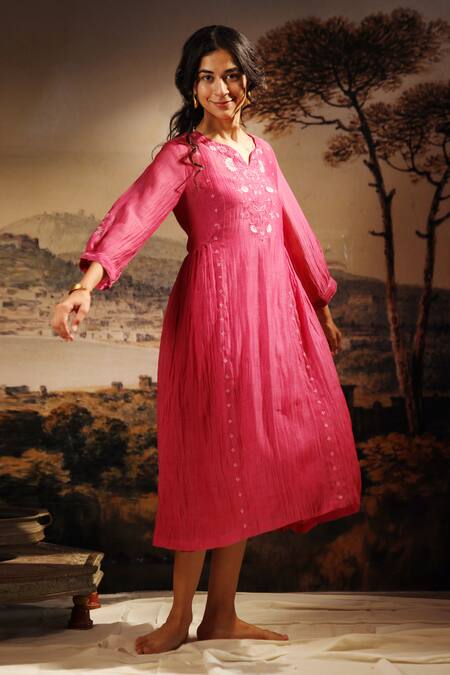 Shop_Tatwa_Pink Chanderi Embroidery Split V-neck Handloom Dress _Online_at_Aza_Fashions