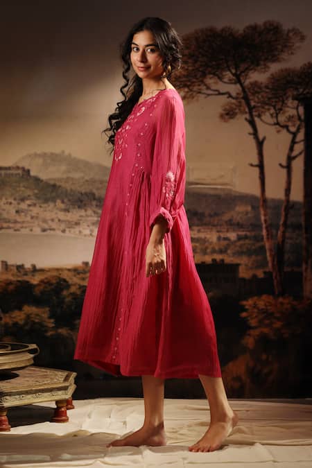 Tatwa_Pink Chanderi Embroidery Split V-neck Handloom Dress _at_Aza_Fashions
