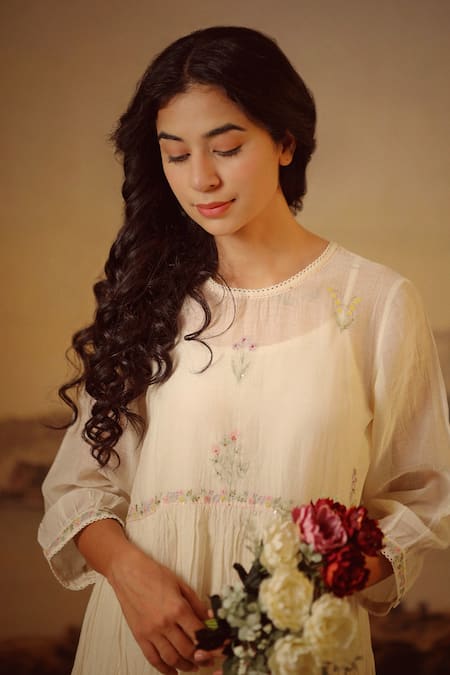 Tatwa_White Chanderi Embroidery Round Neck Handloom Tiered Dress _Online_at_Aza_Fashions